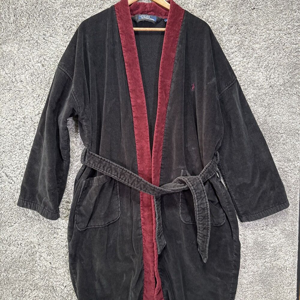 Vintage Polo Ralph Lauren Terry cloth Robe Black Red Logo One Size Heavyweight